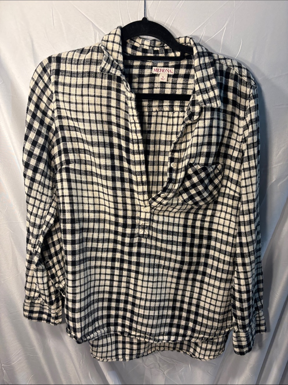 Merona Black & White Plaid Pullover Button-Front Shirt